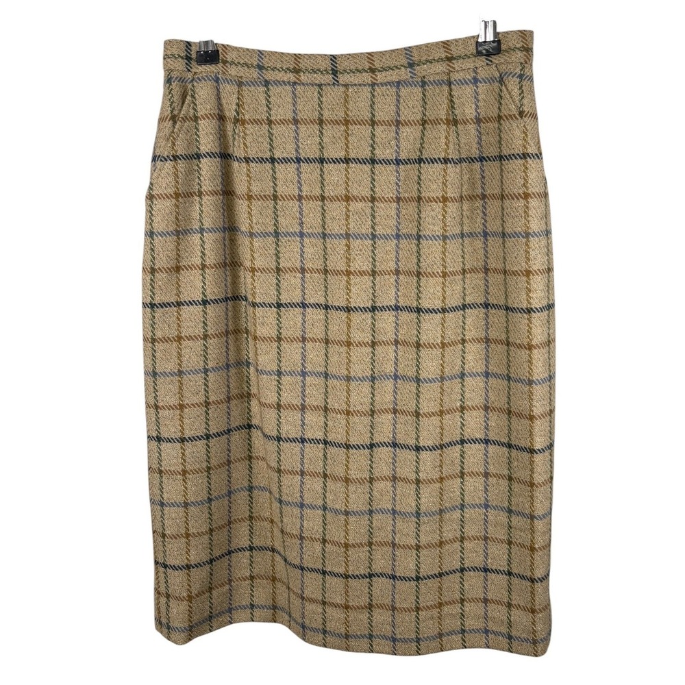 Pendleton Vintage Wool Lambswool Plaid Pencil Skirt Tan‎ Green Blue Size 10 USA